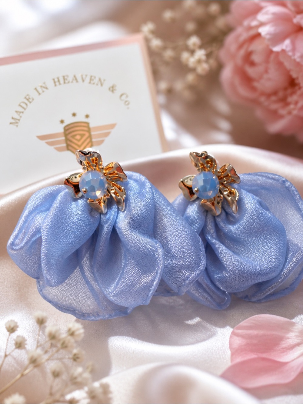 AZALIA Made In Heaven Light Blue Floral Crystal Scrunchie Earrings